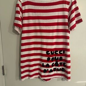 Women’s Red and White Striped T-Shirt with gold buttons